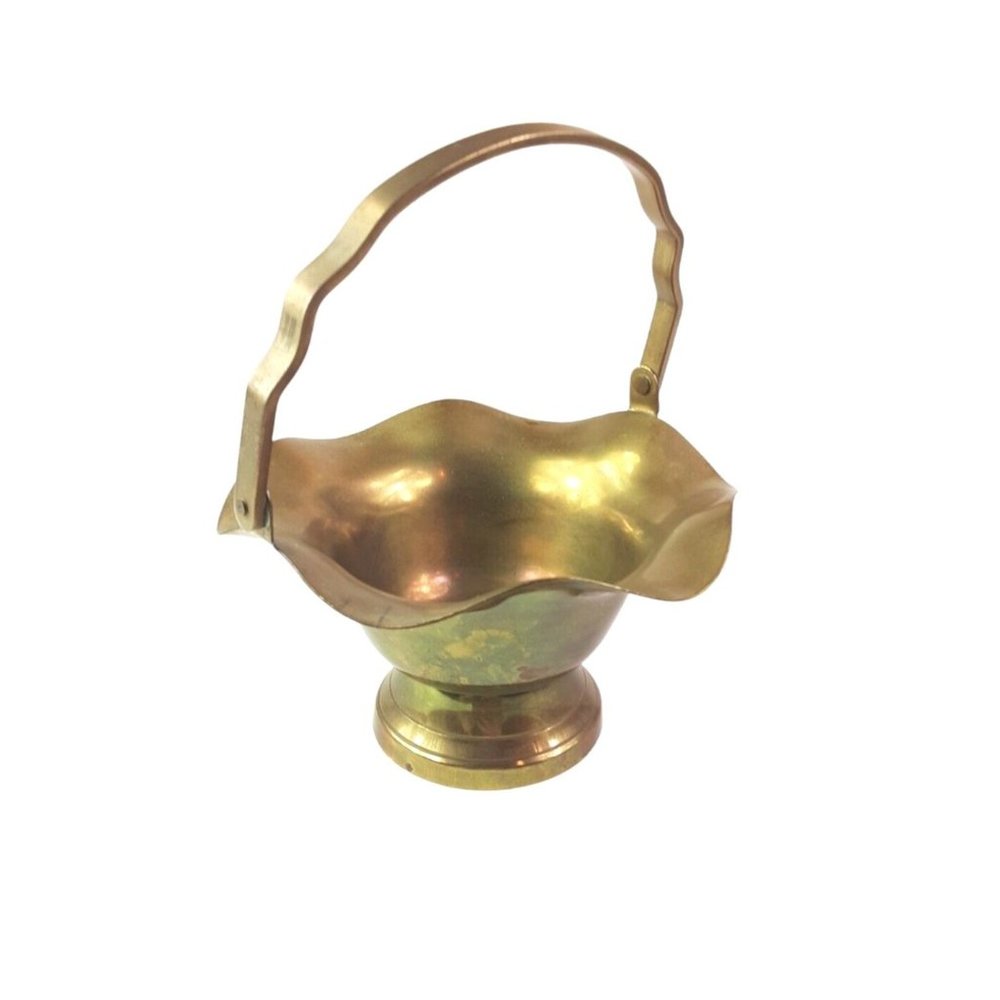Vintage Brass Basket with Handle Scalloped Rim Design Home Decoration 5"… - Picture 5 of 11
